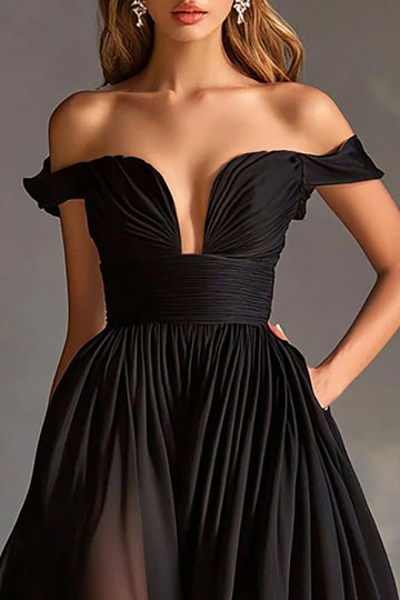 Black Off The Shoulder A Line Chiffon Long Formal Dress with Slit